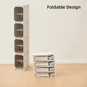 UFORU 4-Tier Tall Narrow Storage Cabinet, Plastic Slim Storage Organizer with Doors and Adjustable Shelves, Wheels, Stackable & Collapsible Storage Cabinet for Small Spaces, Bathroom, Kitchen Cupboard, bathroom organizer