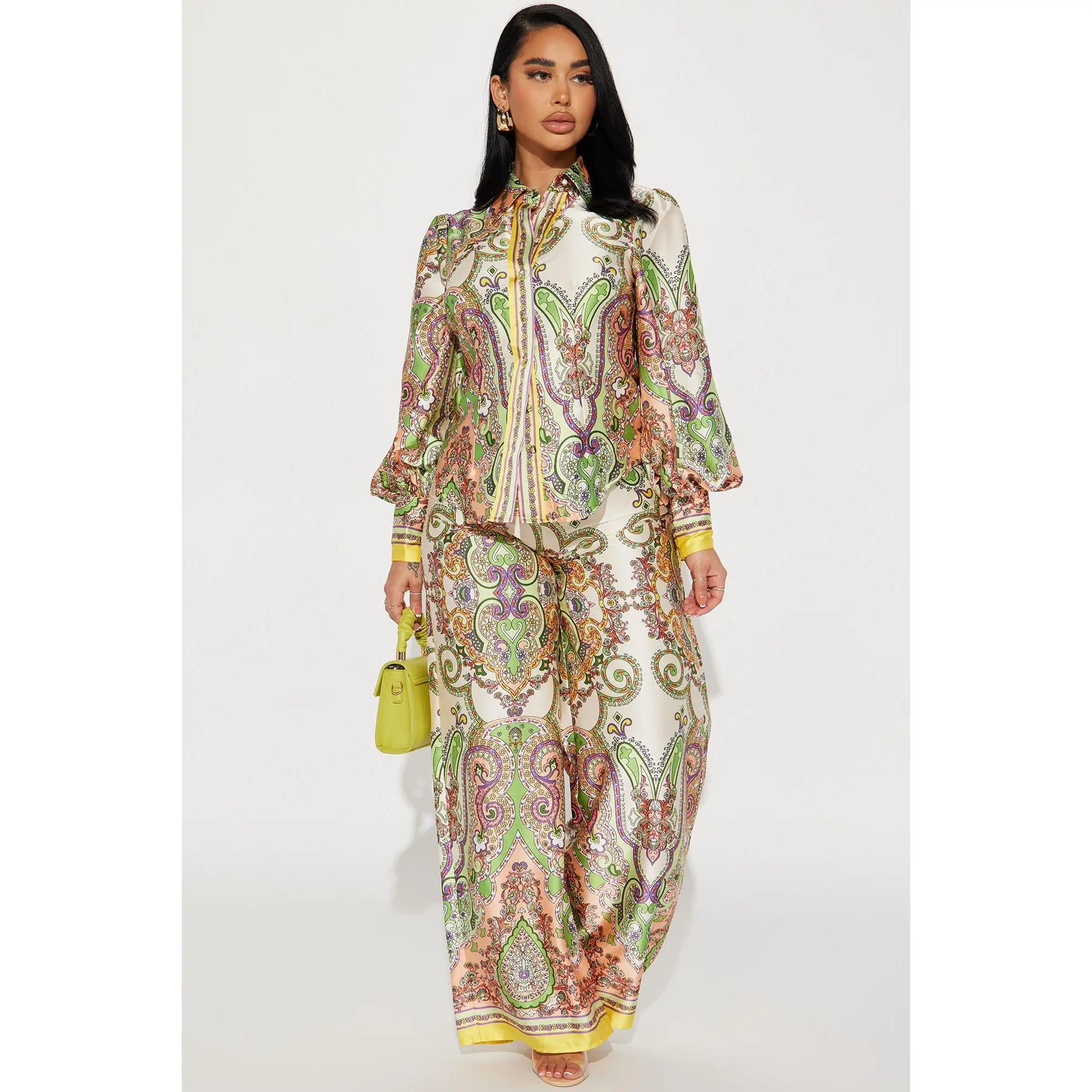 Maldives Satin Pant Set - Green/combo