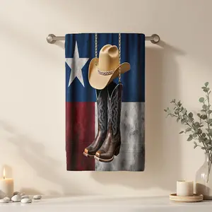 1Pc Western Cowboy Hat and Boots Against Texas Flag Bathroom Hand Towel Bath Towel, Multiple Size Microfiber Towel, Ultra-Soft Quick Dry and Absorbent Polyester Large Bath Towel, Unique Home Decorative Kitchen Towel