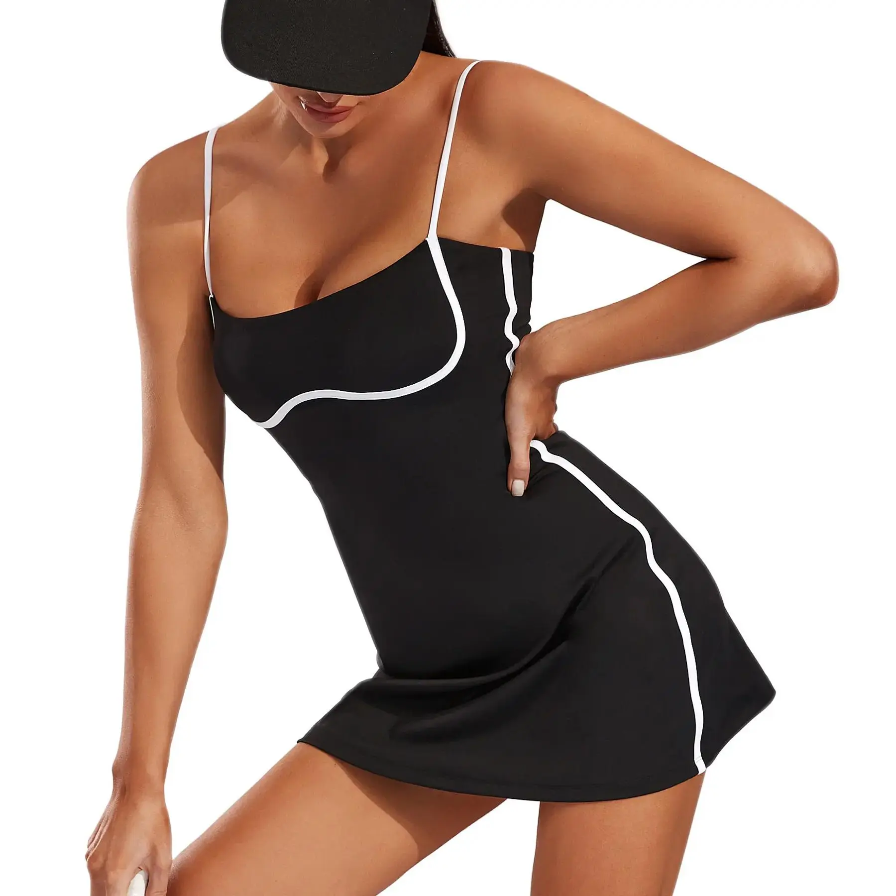 Women's Sleeveless Tennis Dress with Built-in Bra, Shorts Pockets - Athleisure Workout Dress, Fitness Active Style for Golf & Exercise, Fitness Workout Dress