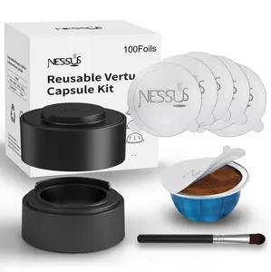 Reusable Vertuo Capsule Kit, [ALSeal EZ FIT] for Refillable Pods with 100 Pcs Aluminum Foil Seal Lids, Holder, Brush, for Refilling Vertuo Pods Reusable Vertuoline Pod Coffee Equipment Espresso Tools Adhesive