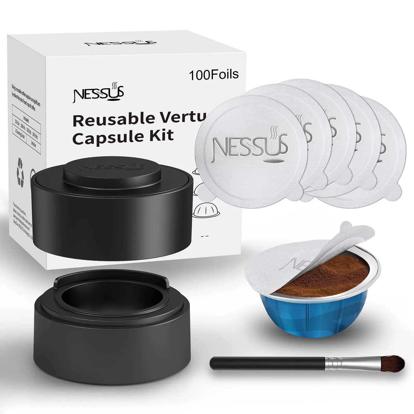 Reusable Vertuo Capsule Kit, [ALSeal EZ FIT] for Refillable Pods with 100 Pcs Aluminum Foil Seal Lids, Holder, Brush, for Refilling Vertuo Pods Reusab