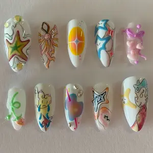 10 Pcs Hand-Painted Y2K Almond Shape Glue On Nails, Glossy Finish, 3D Beads & Bowls, Party & Daily Wear, Durable & Comfortable