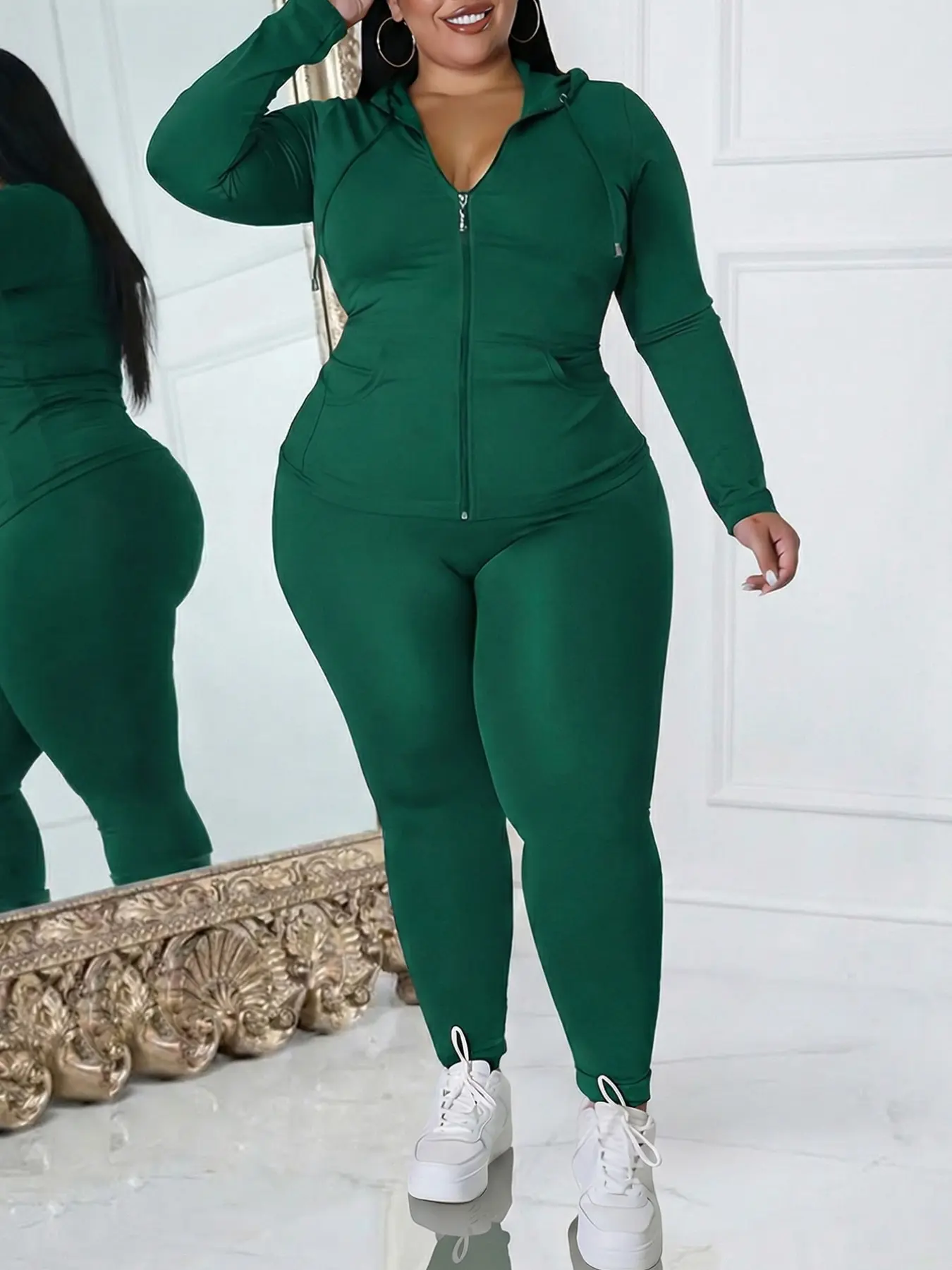 Plus Size Sporty Two-Piece Set, Sweatsuit with Pockets, Women's Zippered Hoodie and Slim Fit Pants, Comfortable Casual Sportswear for Active Lifestyle, Workout Sets Women, Sport Casual Outfit