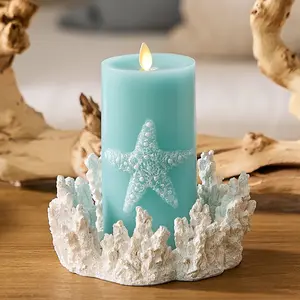 Soft Teal Embossed Starfish Flameless Candle Pillar