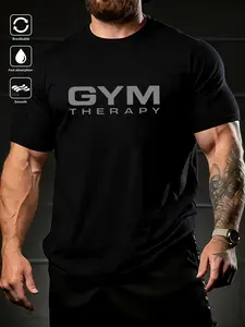 Men's Black "GYM THERAPY" Workout T-Shirt, Breathable & Fast Absorption Tee with Smooth Fabric, Perfect for Gym Sessions & Casual Summer Outfits, Spring Sale Deals 2026 #springsaledeals2026 #summeroutfits #fitnesstee #gymwear