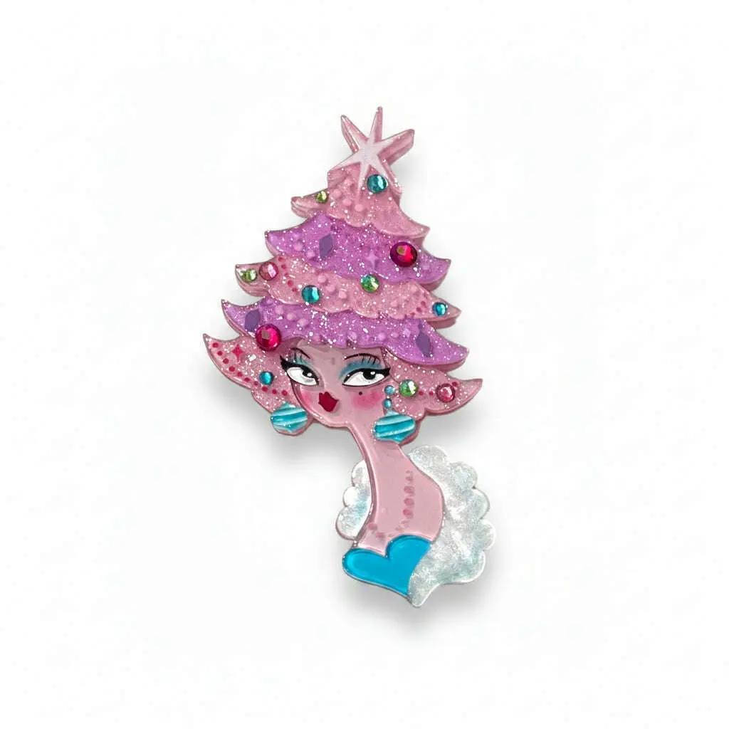 Miss Fluff x Lipstick & Chrome Pinkmas Glam Brooch, Pink Christmas Tree Pin Charm, Fashion Collar Clip Accessory, Charms, Fashion Accessory