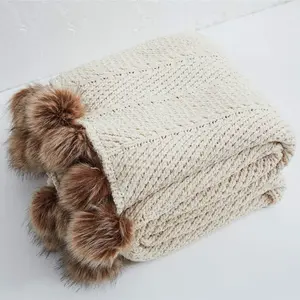 Fur Pom Pom Knit Throw Blanket Soft Warm Cozy Cable Knitted Blanket for Sofa and Couch 51 x 63 Inch Beige Apricot
