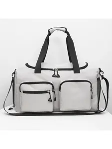 Industrial-Style Multi-Pocket High-Capacity Travel Bag Light Gray Short Trip Luggage Bag Dual-Use Handheld/Crossbody Fitness Commuter Bag for Men and Women