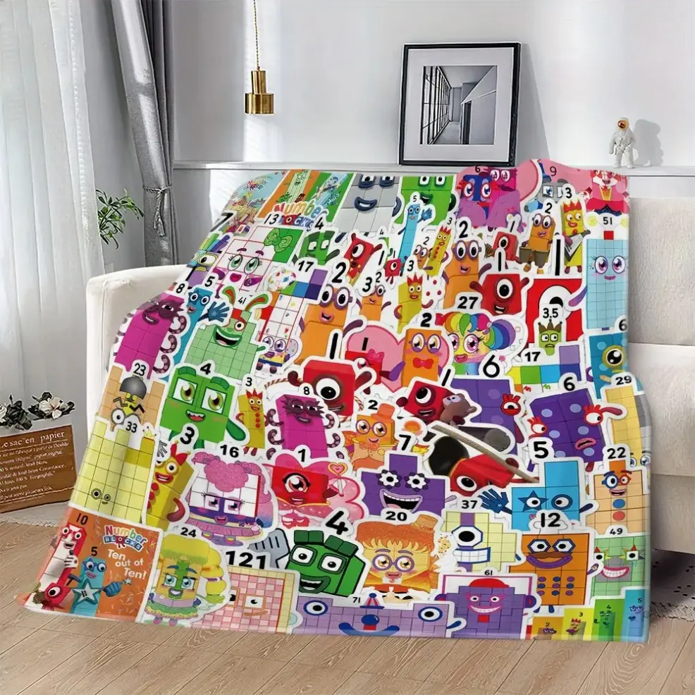 1pc Numberblocks Pattern Polyester Fabric Flannel Throw - Wrinkle Resistant, Vibrant Cartoon Numbers 1-100 Design, Soft Cozy Plush Texture, All-Season Bedding Accessory for Toddlers & Adults, Bedroom Sofa Use, Christmas Gift, Garden