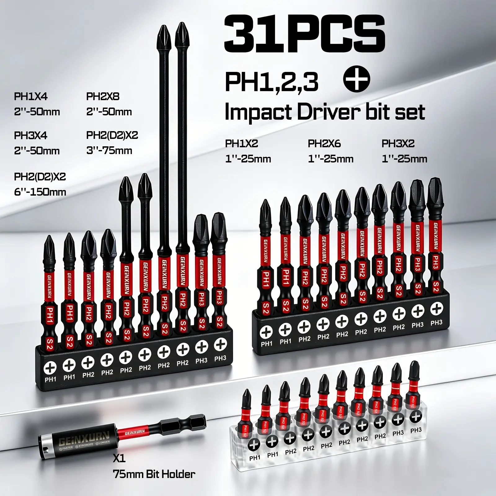 GEINXURN 31pcs impact screwdriver bit set, S2 steel magnetic PH1/PH2/PH3 Phillips screwdriver bits, with a 75 mm extension bar, 1/4-inch hex shank, available in various lengths (25/50/75/150 mm), suitable for impact wrenches and electric drills