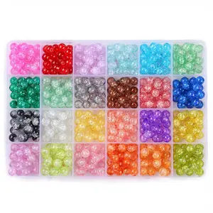 480Pcs Crackle Glass Beads 8mm Crystal Beads Glass Round Beads Gemstone Ball Beads Bracelet Beads Loose Spacer Beads