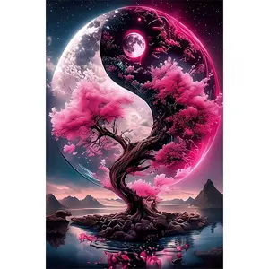 1PCS Yin Yang Diamond Painting Kit Pink Cherry Blossom Tree Moon Landscape Crystal Rhinestone Art Craft