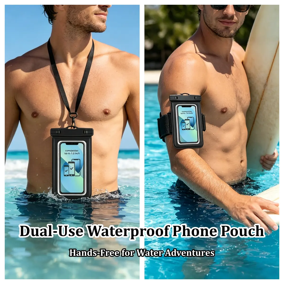 Waterproof Smartphone Pouch - Transparent Touch Screen Dry Bag Case for Cellphone/Android Devices Up to 7.0" In, 2-Way Wear (Neck Lanyard/Arm Strap), Secure Lock, Black for Swimming, Water Sports, Casing, Protective