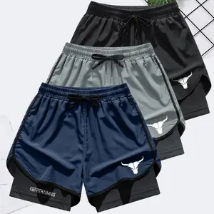 Men's letter print with bull head double layer drawstring waist sports shorts, regular fit casual comfortable breathable quick dry anti-exposure pocket shorts
