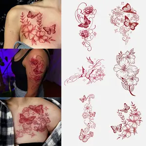 6-Sheet Large Temporary Tattoos For Women Girls Red Sketch Flower Butterfly Rose Snake LeavesWaterproof Tattoo Stickers, Sexy Flower Branch ArmClavicle Neck Leg Tattoo Art For Adults Floral