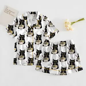 Women's Noodle Cat Short Sleeve Satin Pajama Set, Sleepwear, Cute Funny Noodle Cat Print PJs, Kawaii Summer Lounge Set for Her