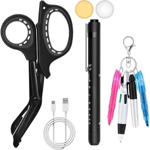 Rechargeable Pen light & Medical Scissors for Nurse -7.5"Trauma Shears Warm/white Penlight with Pupil Gauge,with 4 Pen Set for Nurse,Nursing Student, Doctor#Black Bandage Scissors+ Black Pen Light