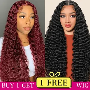 [Combo sale 28"&28"]buy 1 get 2 wig"28 lnch 13x4 Deep Wave 99J Hair Lace Front Wigs +13x4 28lnch Deep Wave Hair Pre Plucked HD Transparent Lace Frontal Human Hair Wigs 180% Density