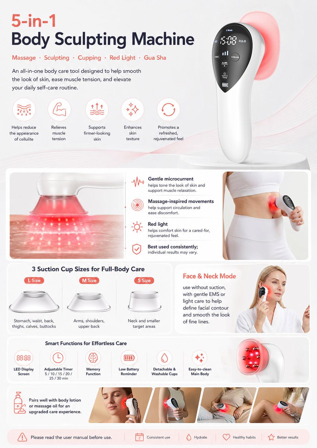 RICIAL Handheld Body Massager, Red Light EMS Cupping Suction Massager for Body and Face, Gua Sha Skin Care Tool with 3 Suction Cups for Belly, Waist, Arms, Thighs, Type-C Charging, Firming & Home Spa Gifts for Women