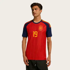 2026 World Cup Spain Home Red  Blue Short Sleeve No. 19 Lamine Yamal Soccer Jersey