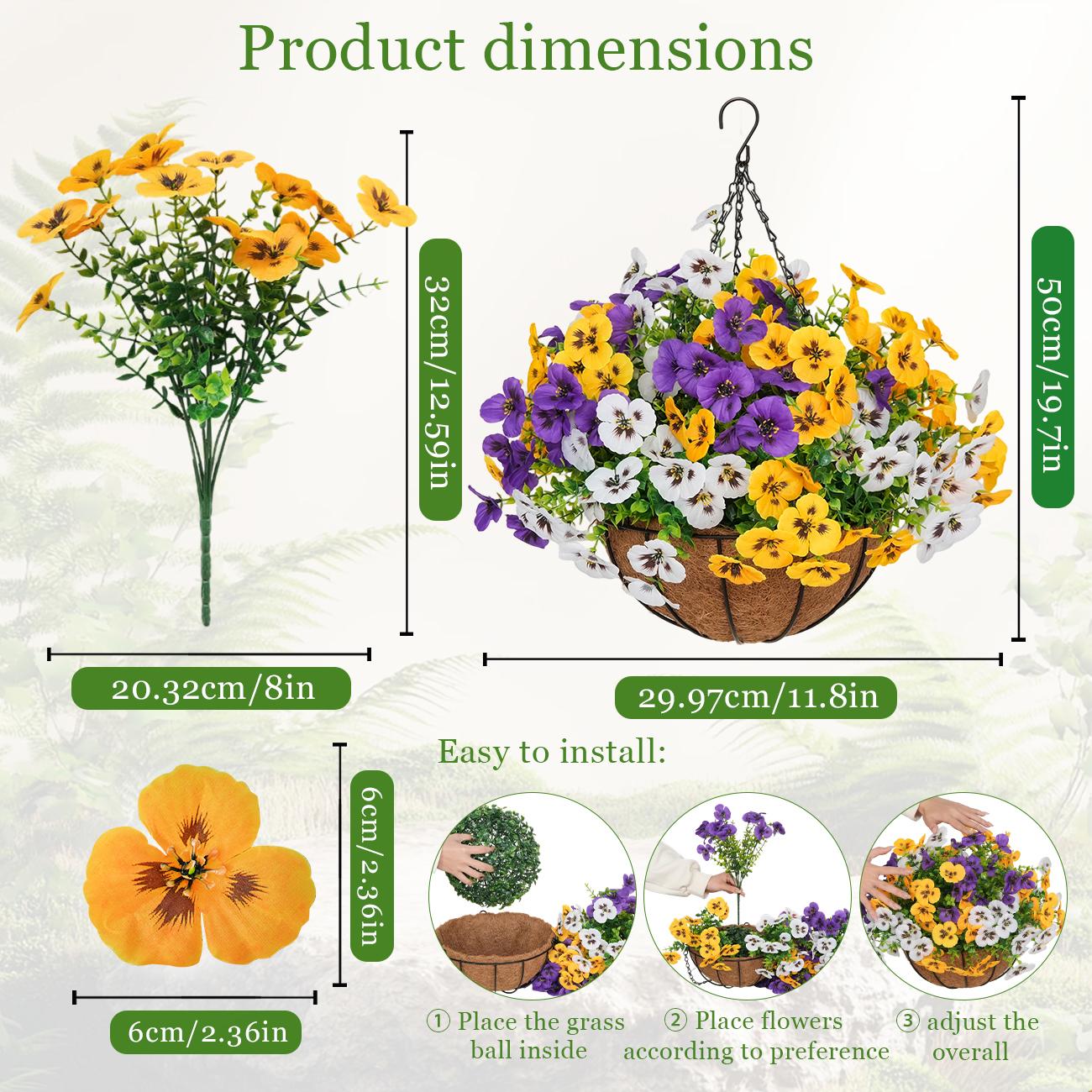 2Pcs UV-Resistant Outdoor Indoor Hanging Flower Baskets, Artificial Flowers for Outside, Pansy Hanging Planter, No-Fade Floral for Porch, Garden, Balcony & Fence Decor