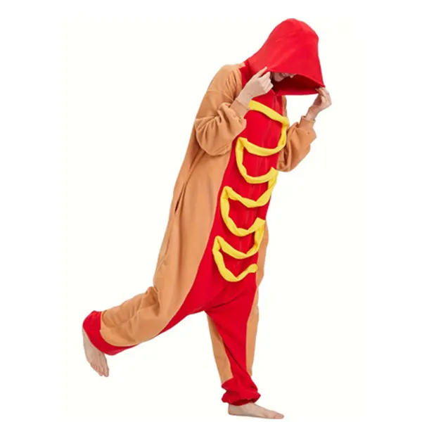 Women's Cute Mike Hot Dog Animal Print Plush Polar Fleece Onesie Costume Dress - Bunny Ears, Pockets, Zipper Closure Women's Clothes for Halloween Cosplay, Graduation
