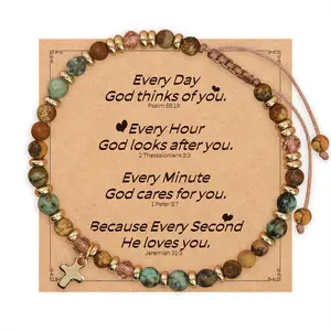 Colorful natural stone bracelet with good wishes, turquoise, gold spacer, alloy pendant, waxed wire braided bracelet, cross semi-precious stone bracelet