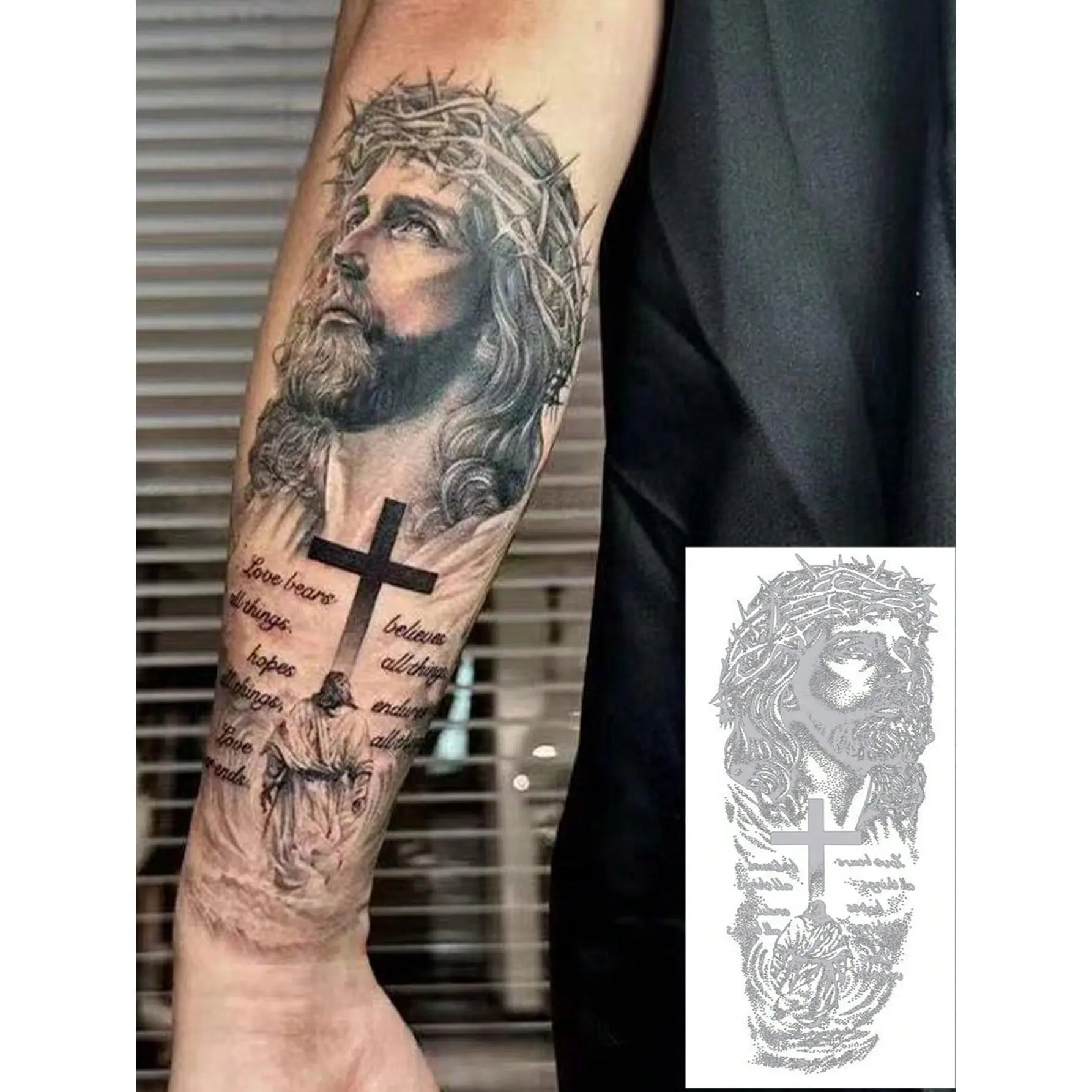 Black 6-Sheet Realistic Temporary Fake Tattoo Set - Bold Jesus Cross Sticker Tattoos, Waterproof, Sweatproof, Reflective, 7-14 Day Wear, Henna Stencils, Black 6 Sheets