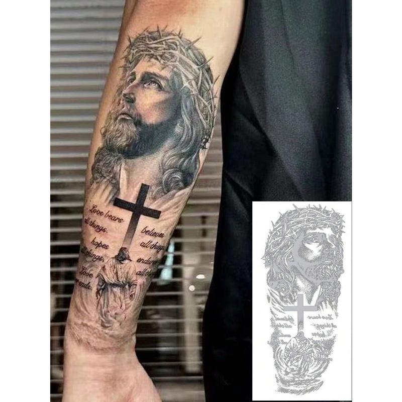 6-Sheet Black Realistic Temporary Fake Tattoo Set - Bold Jesus Cross Sticker Tattoos, Waterproof Wear, Sweatproof, Reflective, 7-14 Day Wear, Henna Stencils, One Size, Goodie Bags Party Favors, Clavicle Feet Forearm Use, Ceramics Decor Accents