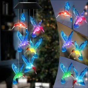 Solar Hummingbird Wind Chimes LED Waterproof Solar Powered Hanging Lights Outdoor Wind Bells Light Garden Decorations Gifts for Mom Colorful Magical Home Decor