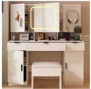 Large 47.24" Lighted Makeup Vanity Table Set with DIY Pegboard Design, 3-Drawer Dressing Table with Charging Station, Bedroom Makeup Table, White