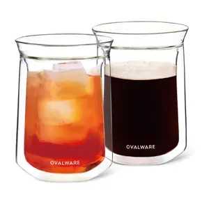 OVALWARE Double Wall Single Lip Insulated Glass Cup, Set of 2 (12oz / 350ml) - Borosilicate Glass For Coffee, Tea, Whiskey, Cocktails & All Beverages - Minimalistic & Durable Double-Wall Drinking Mug
