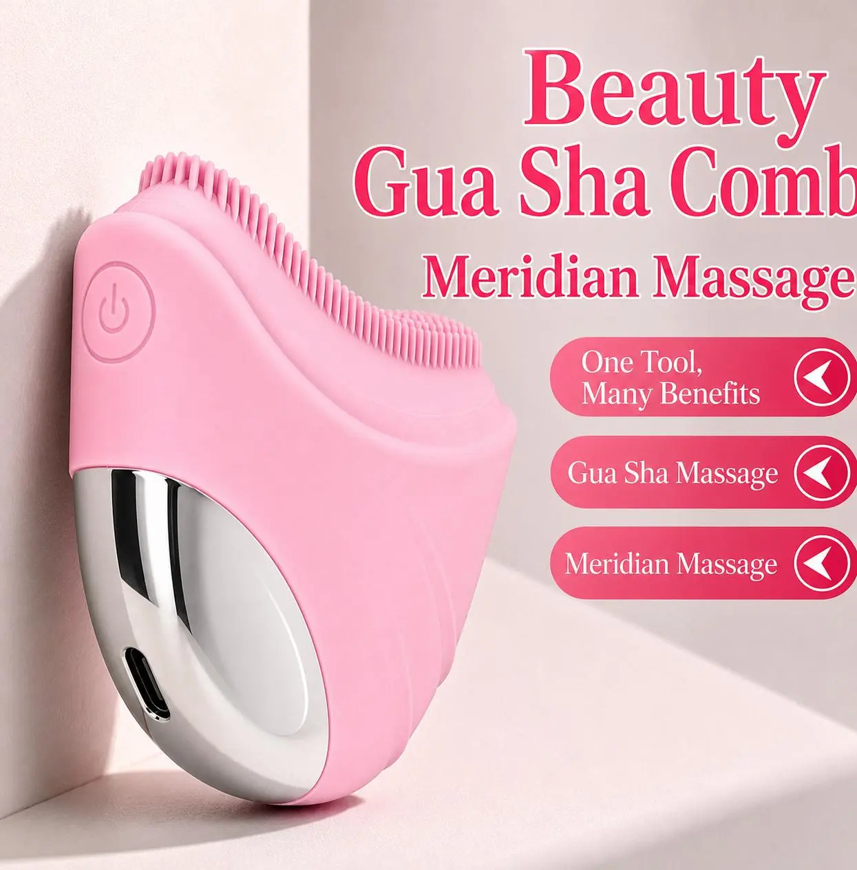 Rechargeable Electric Facial Massage Brush - Heated Vibrating Gua Sha Beauty Tool with Soft Silicone Head, Depuffing At-Home Spa Device for Face, Neck & Jawline