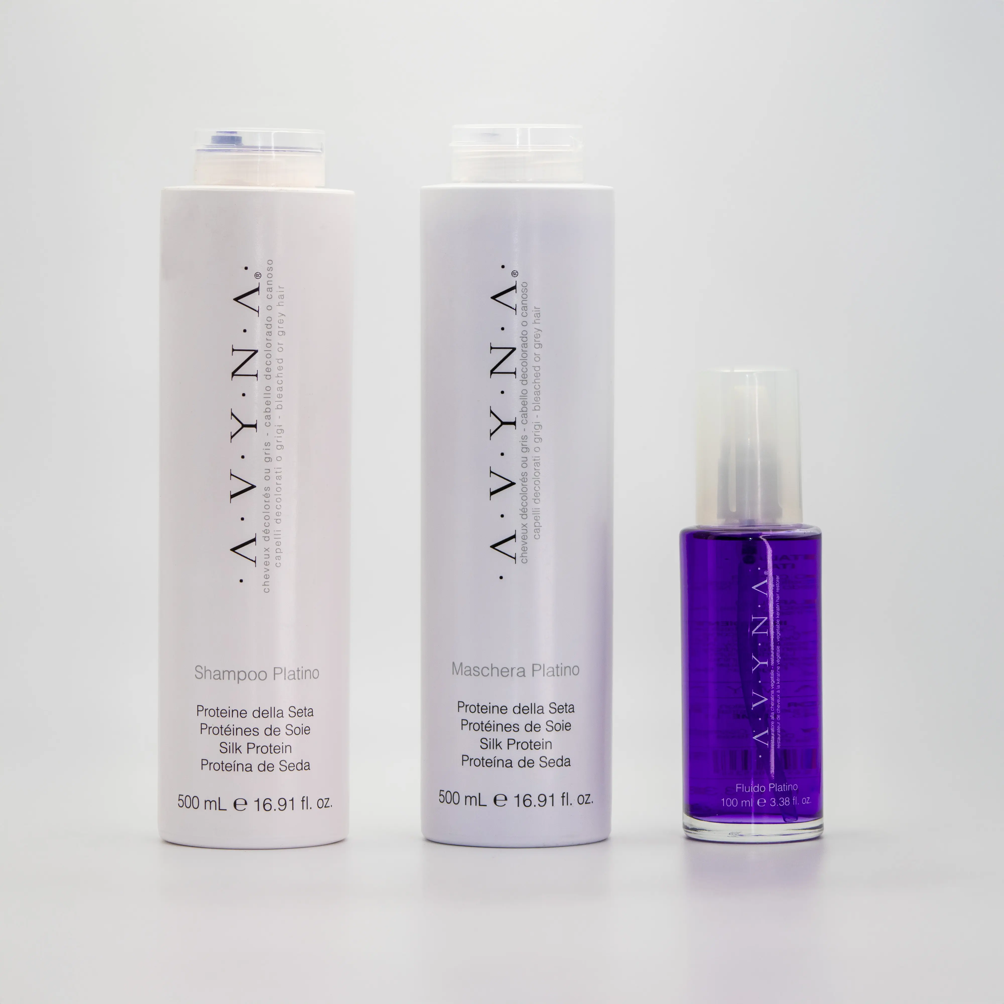 Avyna Platino set ( Small ) / Shampoo + Maschera + Fluido / Silk Protein For silver hair, Bleached, Platinum, Hair Mask, Anti Brass Shampoo