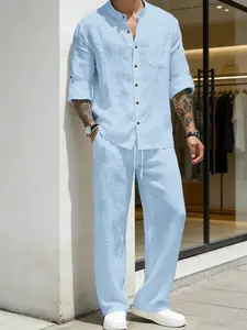 Men's Linen Stand Collar Long Sleeve Button Shirt and Straight Leg Tie Pants Set, Luxury Business Casual Resort Style, Essential Men's Clothing