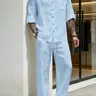 Men's Linen Stand Collar Long Sleeve Button Shirt and Straight Leg Tie Pants Set, Clothing Sets, Luxury Business Casual Resort Style, Essential Men's Clothing
