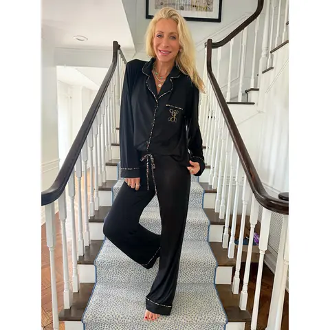 Black With Leopard Trim Pajama Set - EMBROIDERED