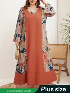 Women's Classic Middle Eastern V Neck Patchwork Long Dress, Dubai Fashion Printed Maxi Dress for Casual & Vacation Wear