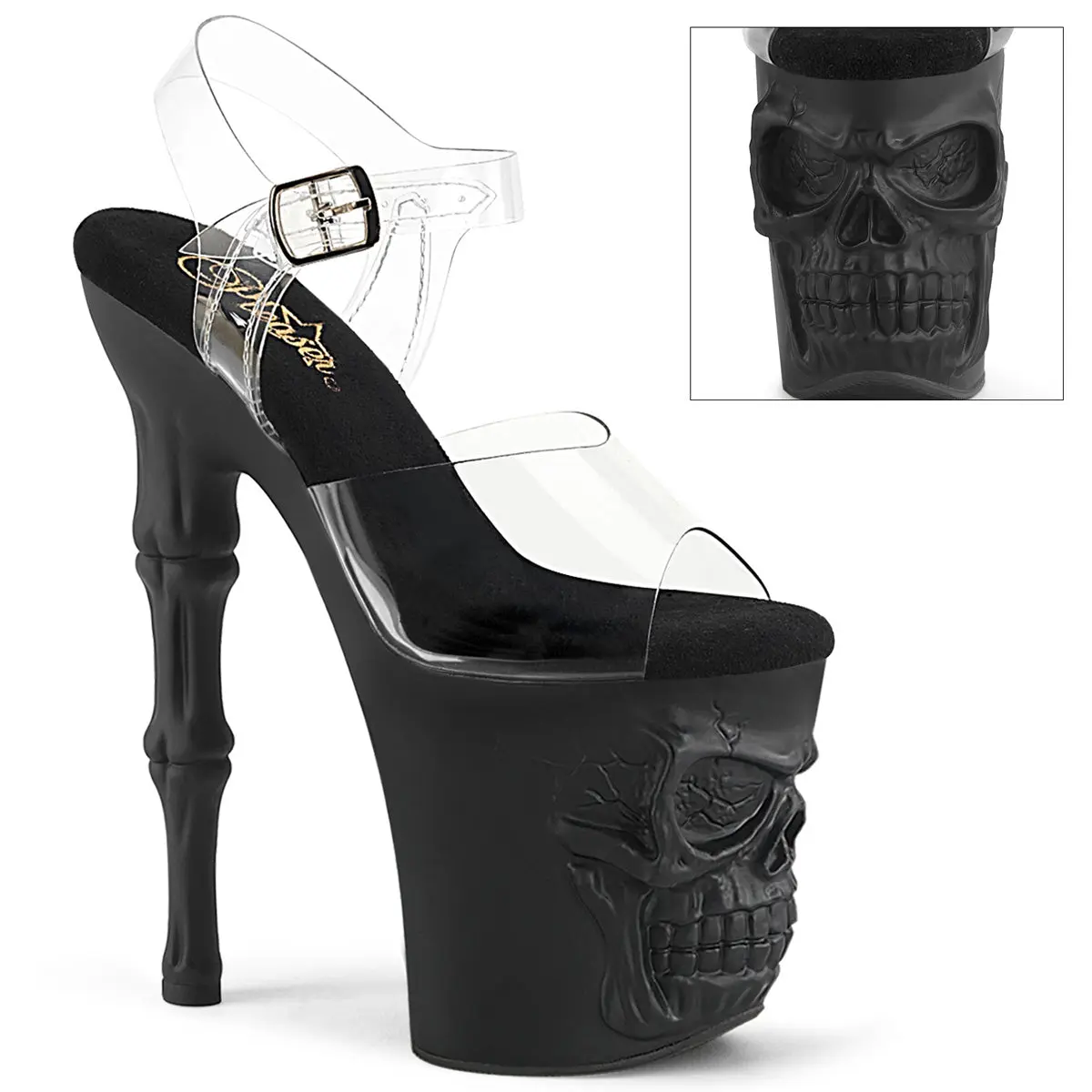 Pleaser Rapture-808 Women's Skull Ankle Strap High Heels - Fashion Strap Heels, Elegant Heeled Shoes, Platform Wedge Footwear, Ankle Strap Wedge