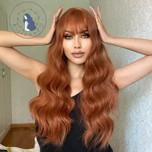 INSTYLE  26 Inch Orange Pumpkin Wavy Curly Wig Synthetic Wigs with Bangs Natural Looking Women Daily Use Party or Cosplay