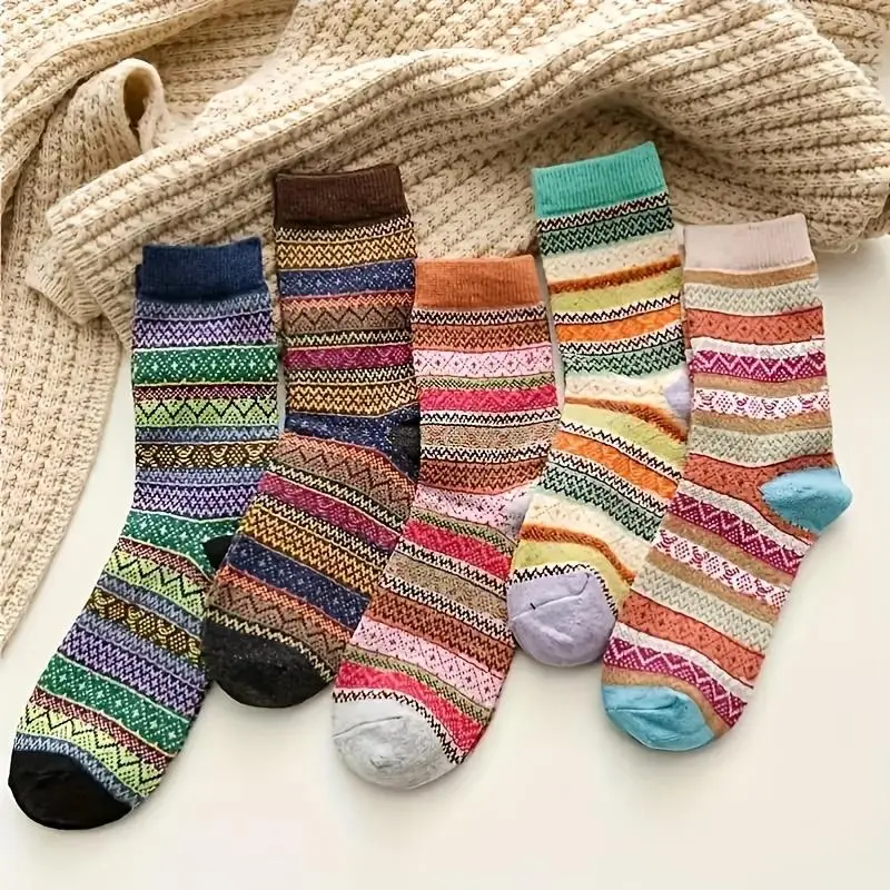Women's Nordic Knitted Socks (10 Pairs) - Assorted Colored Mid-Calf, Extra Thick Winter Thermal, Warm, Cozy, Comfortable, Stylish Casual Wear for Cold Days, Assorted Colored Mid-Calf Socks