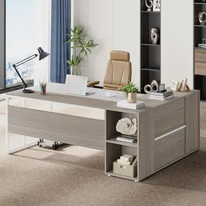 Tribesigns 71 inch Executive Desk L Shaped with Storage Cabinet Shelves Gray White for Home Office Workstation