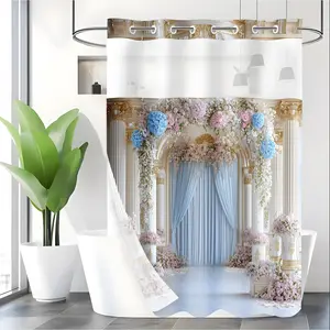 LVRLVR 1pc French Luxury Style Blue Pink Gold White Color Flower Arch Hydrangea Pattern Double Layer Detachable C-Ring Hook-Free Shower Curtain 70.8"×74"(180×188cm)
