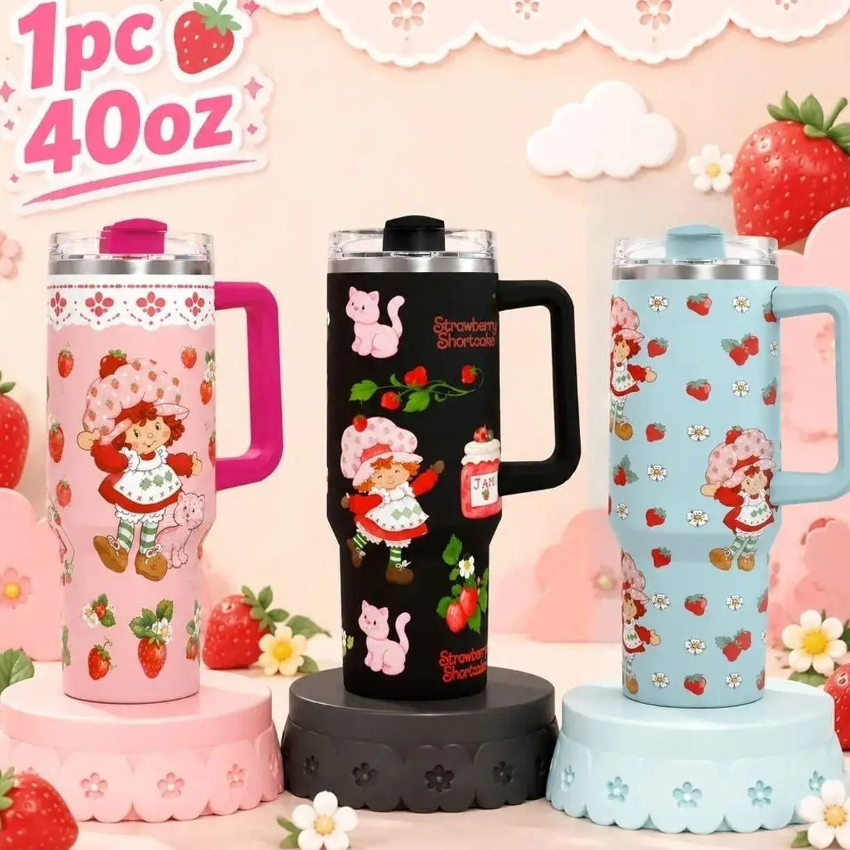 40oz Strawberry Cartoon Tumbler Stainless Steel Insulated Mug Leakproof Lid Kawaii Travel Cup Large Capacity Reusable Water Bottle Cartoon Drinkware Gift
