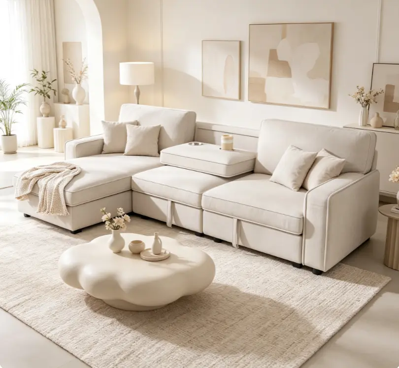 U_STYLE Upholstered Convertible Sleeper Sectional Sofa - Hidden Storage, Back Cushion Cup Holders, Multi-Functional Indoor Living Room Furniture for Spacious Interiors