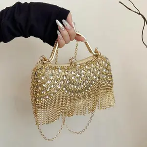 Make A Dazzling Entrance With Our Water Diamond Tassel Clutch Bag In Golden Or Silvery Women's Chain Shoulder Evening Clutch