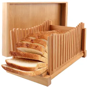 Bamboo Bread Slicer Guide Adjustable 3 Slice Thickness, Foldable Bread Cutting Guide with Crumb Tray for Homemade Bread, Cakes, Bagels