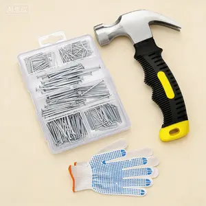 Assorted Nail Kit with Hammer, 376-Piece Hardware Assortment for Hanging Pictures and DIY, Maximum 2-Inch Finishing Nails, Includes Anti-Slip Grip Mini Hammer for Household Projects