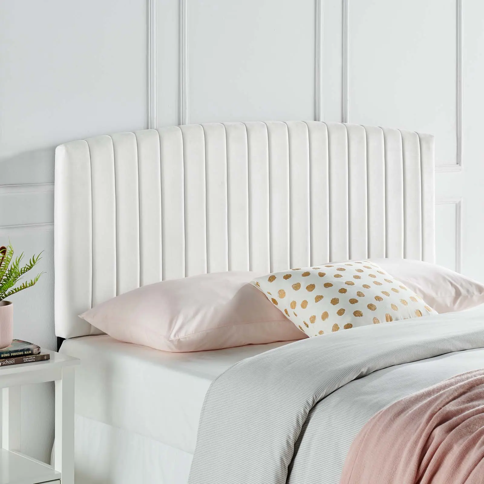 Modway Rebecca Performance Velvet Upholstered Tufted Adjustable Arch Frame Full-Queen Headboard, White, Adjustable Upholstered Headboard, Upholstered Tufted Headboard